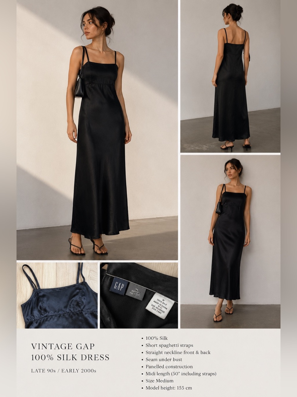 Rare Vintage GAP 100% Silk Dress – Black Midi/Maxi Minimalist Y2K Size M